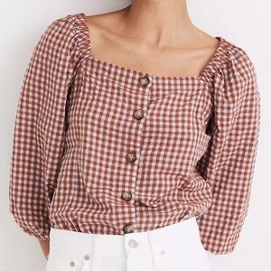Madewell Size 4 Gingham Seersucker Puff-Sleeve Button-Front Top